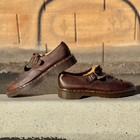 Vintage Made in Englang Dr. Martens Brown Leather Cut Out Mary Janes Size 7 - Picture 7 of 9